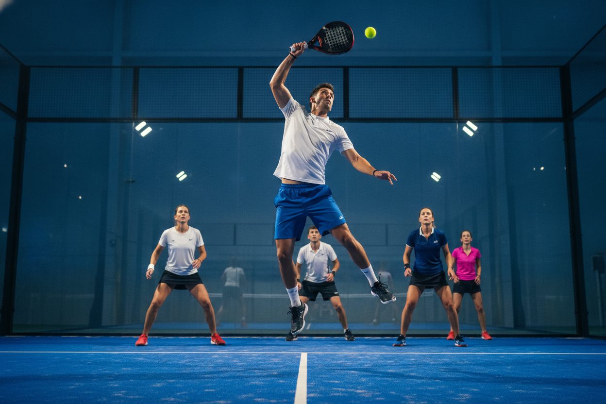 Two pairs tapping rackets at the net after a ladder match