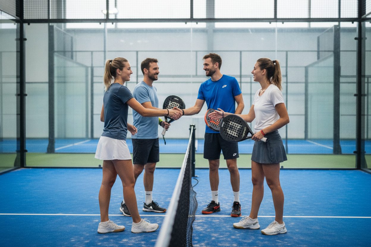Two pairs tapping rackets at the net after a ladder match
